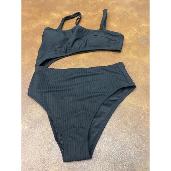 Women's Ribbed Cut Out One Piece Swimsuit - Shade & Shore, Black Medium - Picture 7 of 8